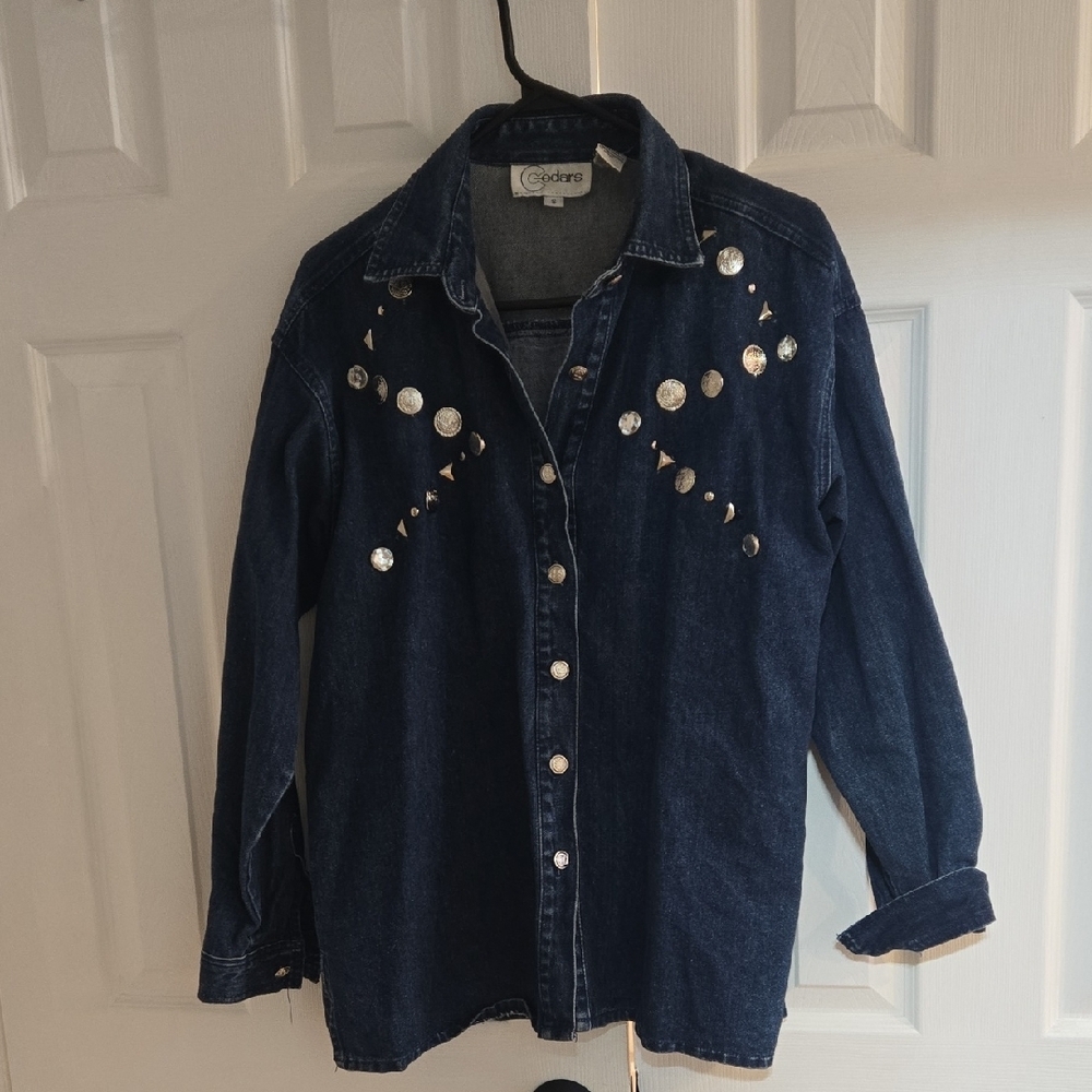 Vintage ‘90s Cedars Embellished Denim Relaxed Fit Button Down Shirt Sz S